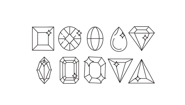 Diamond Cuts Set, Gemstone Shapes Line Art Icons Vector, Precious Jewels Cut Types Collection Isolated on White Background