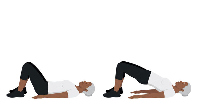Older woman demonstrating two variations of basic glute bridge exercise on floor with bent knees for hip thrust and core stabilization training