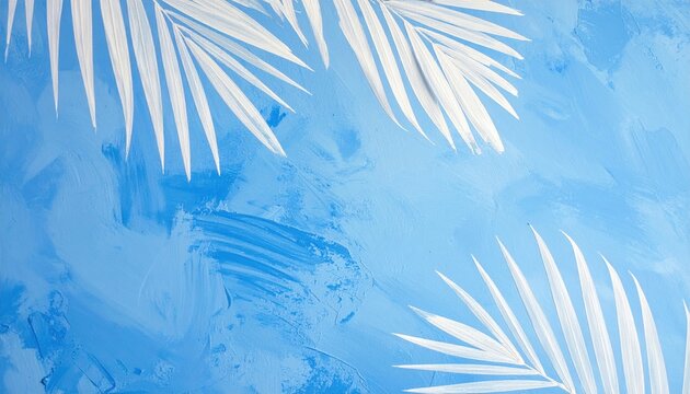 White palm leaves contrast against a textured bright blue background with visible brush strokes.