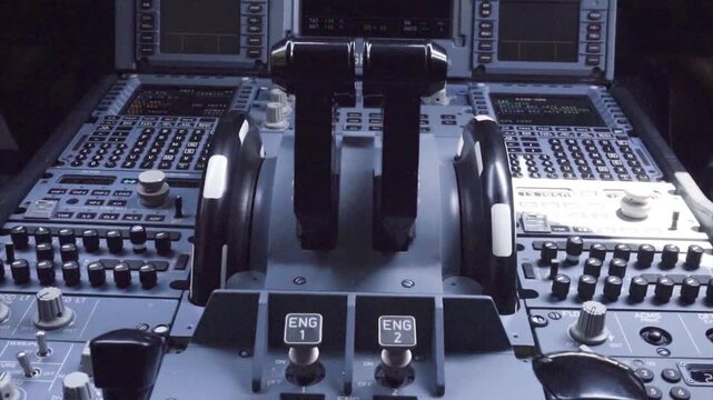 Close up shot of commercial airliner cockpit center pedestal control panel featuring dual engine thrust levers throttle controls navigation screens switches and avionics systems ready for takeoff