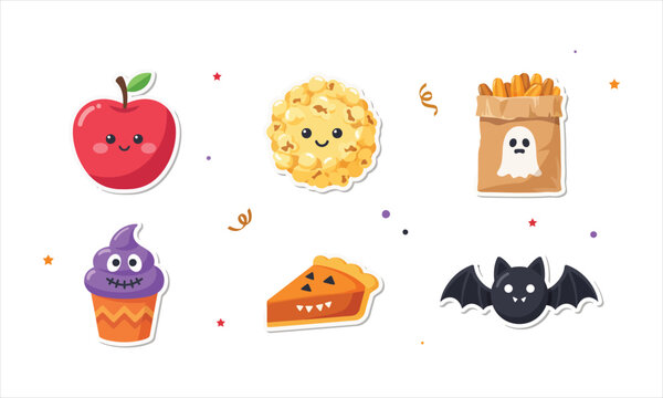 Kawaii Halloween sticker set with smiling apple popcorn cookie ghost treat bag monster cupcake pumpkin pie bat