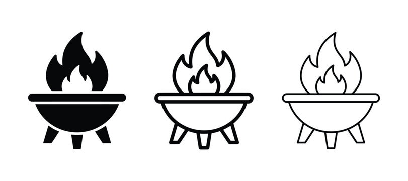 Set of fire pit icons, bonfire, brazier, barbecue, vector outline and solid symbols