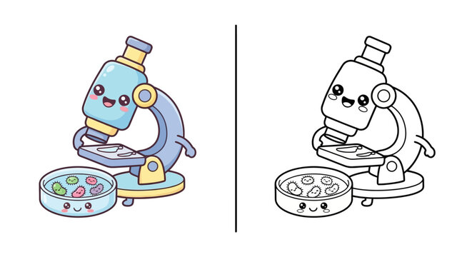 Cute kawaii microscope petri dish science lab kids coloring page vector
