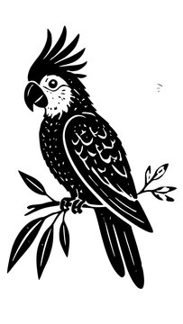 Cockatoo parrot sitting on a branch. Black and white vector graphic illustration of a crested bird in engraving style