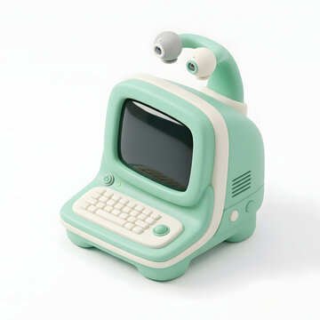 Cute mint green retro computer character featuring large expressive eyes and a compact keyboard input interface