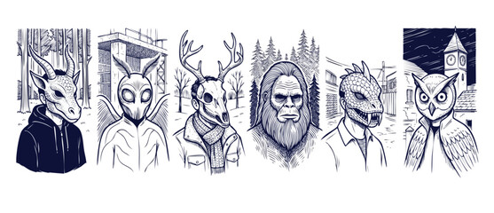 Fototapeta premium Cryptid monsters urban legend characters in ink line art illustration set featuring Bigfoot, Mothman, Wendigo, Reptilian, and Owlman wearing casual clothing in dark fantasy style design.