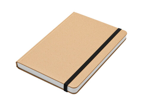 Kraft cover journal closed with a black elastic band, isolated on transparent background