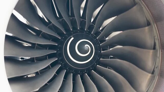 Close Up Shot of Commercial Jet Aircraft Turbine Engine Spinning Blades Showing Spiral Spinner Nose Cone Mechanism During Airport Pre Flight Maintenance Inspection Visuals for Aviation Background