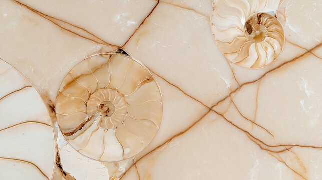 Crosssection of fossilized ammonites embedded in polished marble.