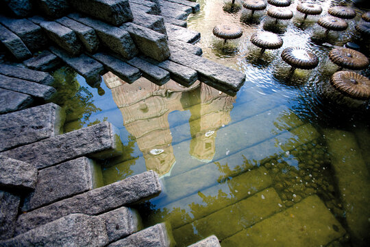 Germany, Bavaria, Munich, water reflection of church