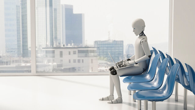 Robot sitting in waiting area, using laptop