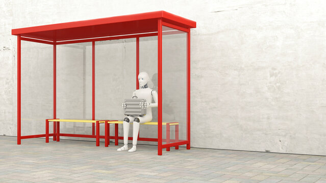 Robot with briefcase sitting at stop, 3D Rendering
