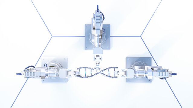 3D Rendering, robot arms repairing DNA string
