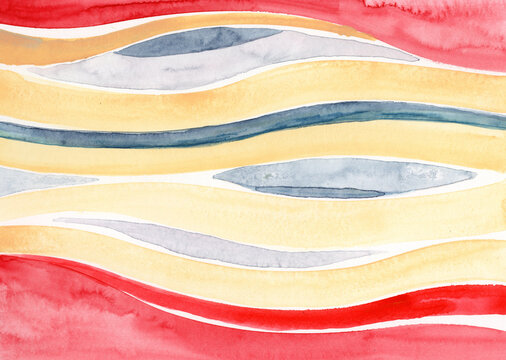 Abstract watercolor painting with red and yellow wavy lines