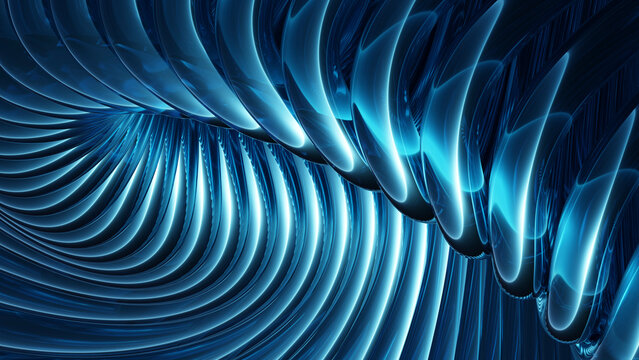 The abstract 3d rendering shows a blue metallic vortex