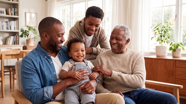 family generations black men toddler laughter fatherhood grandfather bonding home Four generations laugh with a toddler at home celebrating heritage love joy and intergenerational connection