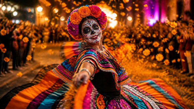 Woman with sugar skull makeup dancing in traditional mexican dress at day of dead carnival. Dia de muertos festival with marigold flowers, catrina costume and colorful celebration in night street