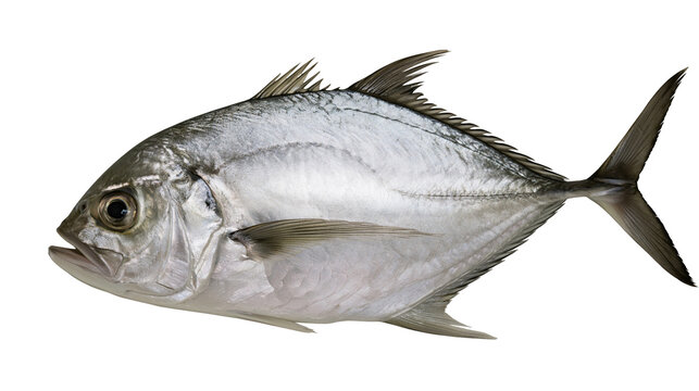Silver trevally fish with metallic scales and sharp fins