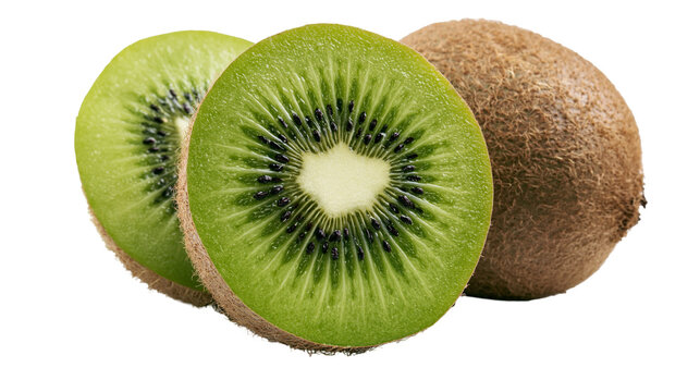 Fresh whole kiwi fruit and two sliced halves with green flesh and black seeds