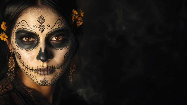 Woman with sugar skull face paint for day of dead. Make up. Mexican tradition and halloween concept on dark background with copy space