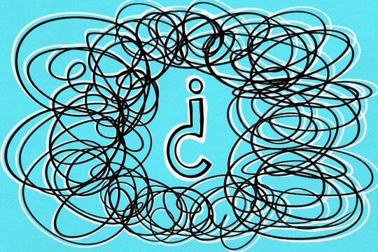 A tangled scribble surrounds an inverted question mark