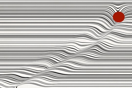Red sphere creates distortion in an abstract black wave pattern