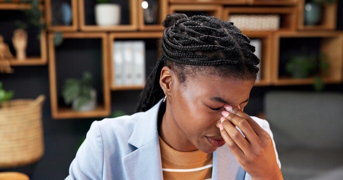 Office, business and woman with headache, strain and burnout for pressure, deadline and crisis. Creative agency, stress and African person with migraine, pain and fatigue for brand management career
