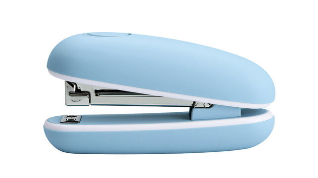 Light blue plastic desktop stapler with metallic internal mechanism