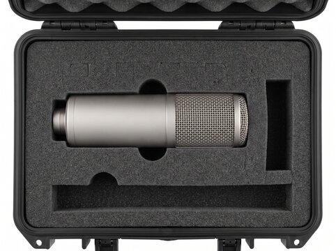 Silver condenser studio microphone placed safely in protective custom foam cutout inside open hard flight case
