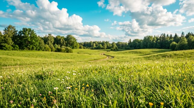 Grassland featuring rolling green hills and a distant forest under bright white cumulus clouds.