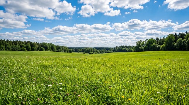 Meadow with lush green grass and trees under a cloudy blue sky in the countryside during daytime.