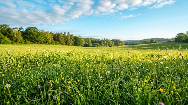 Pasture exhibiting dense green vegetation and yellow wildflowers blooming across a rolling terrain.