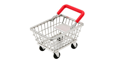 Small metal shopping cart with red plastic handle and four black swivel wheels © Gael