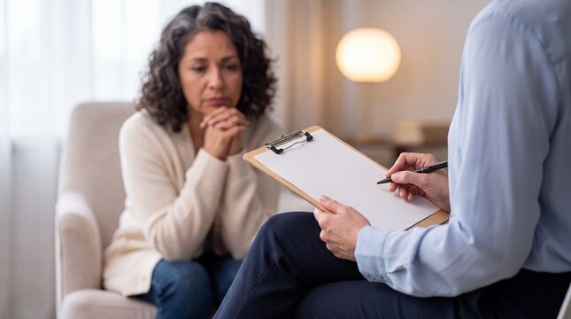 Distressed adult woman therapy session therapist counseling mental health support A distressed female client discusses difficult emotions with professional support for counseling awareness content