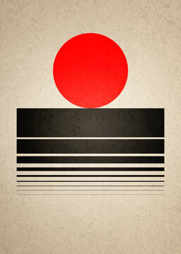 Abstract minimal illustration with red sphere sun and black lines