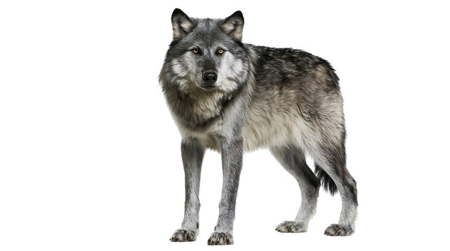 Full body portrait of a majestic grey wolf standing and looking forward