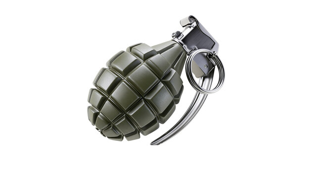 Olive green military hand grenade with metal safety pin and lever mechanism