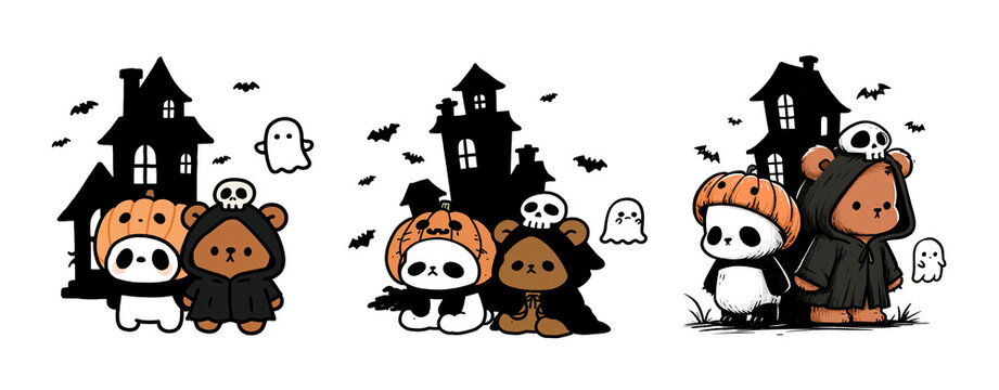 Minimalist Halloween illustration with chubby animal character in costume, haunted house, ghost, bat, pumpkin, and skull on white background