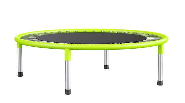 Small round green fitness trampoline with black jumping mat and metal legs