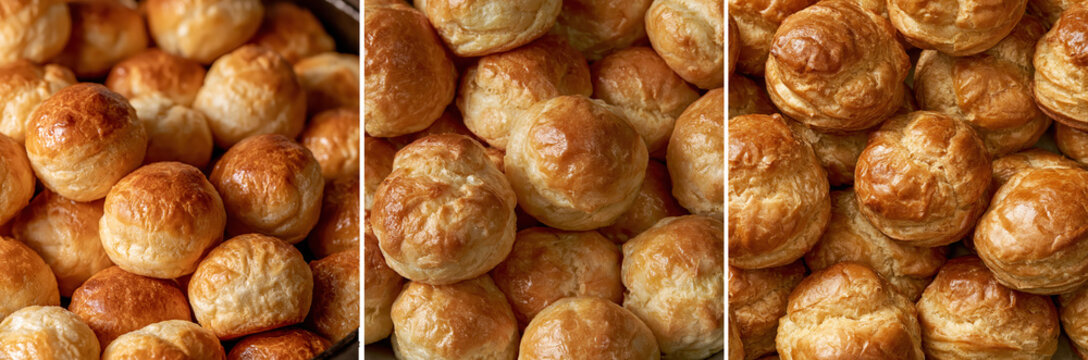 Puff pastry puffs golden flaky texture filling frame with warm appetizing detail