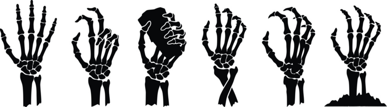 Vector set of scary skeleton hands in different poses