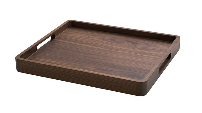 Rectangular dark brown wooden serving tray with cutout handles