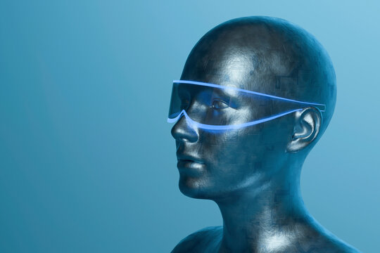 Metallic humanoid mannequin with glowing blue visor and copy space