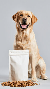 Cute golden retriever dog sitting behind blank white pouch with pet food on gray studio background