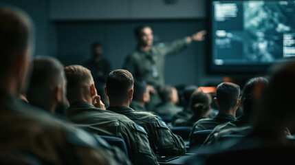 Fototapeta premium Military briefing in dark lecture room with attentive personnel viewing tactical screen, creating focused atmosphere