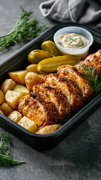 Roasted pork tenderloin with potato, pickle, herb, and creamy sauce, served in baking tray for hearty meal