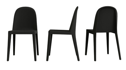 Three black modern minimalist dining chairs in different viewing angles © Gael