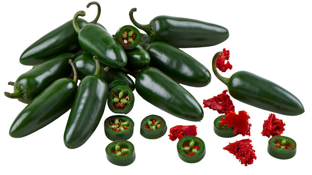Fresh whole and sliced green jalapeno peppers with red chili seeds