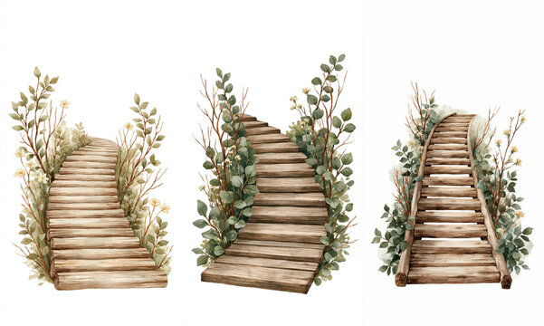 Watercolor painting of three wooden plank staircases with vegetation and flowers on white background