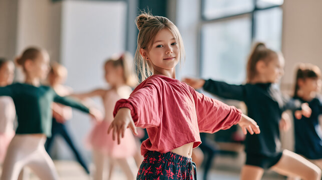 Young girl practice ballet dance move in studio, smiling with focus while children train choreography